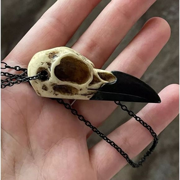 Large raven skull resin goth punk grunge black stainless steel chain necklace - Picture 6 of 9